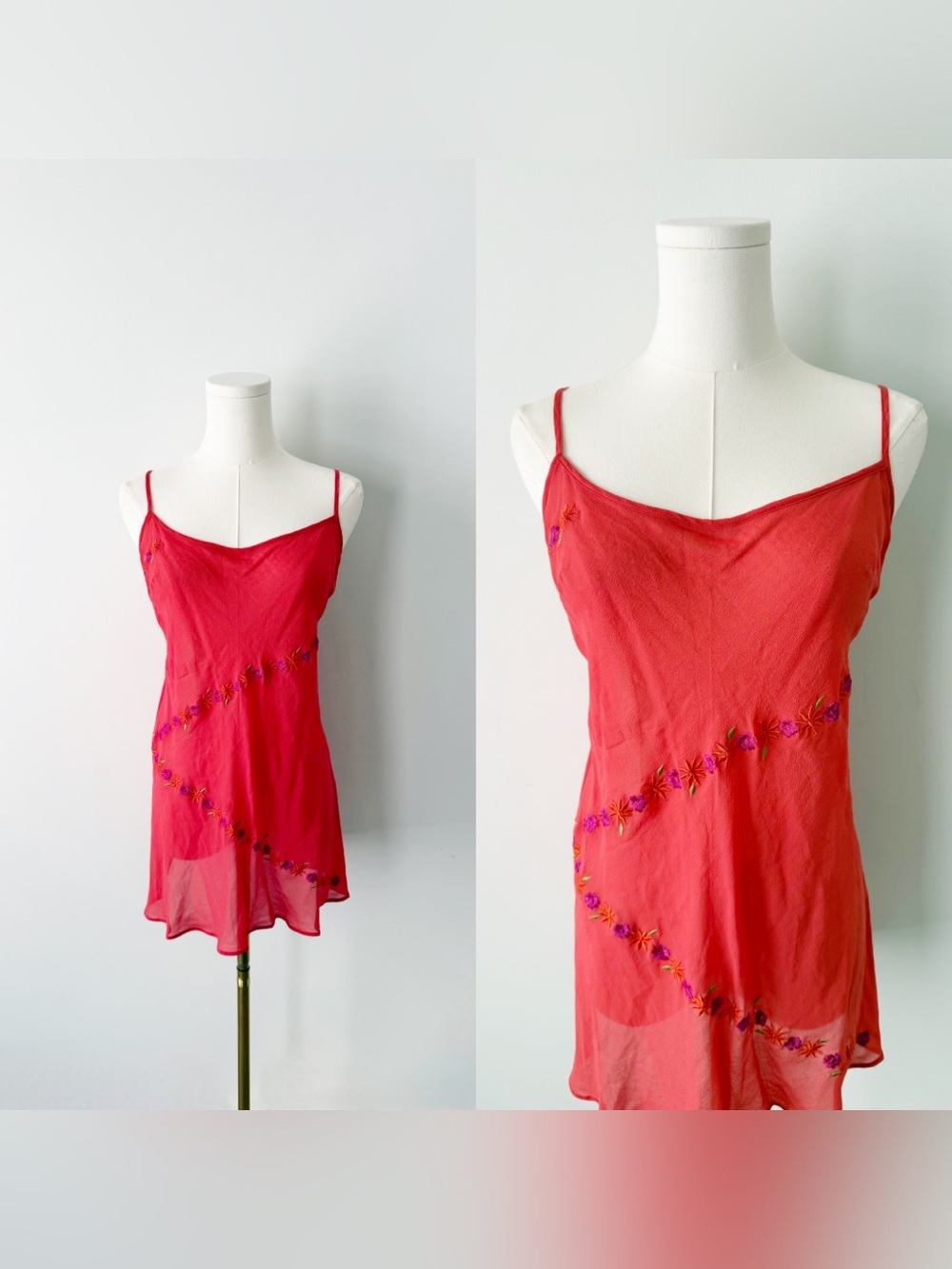 Victoria’s Secret red floral embroidery 100% silk slip dress.